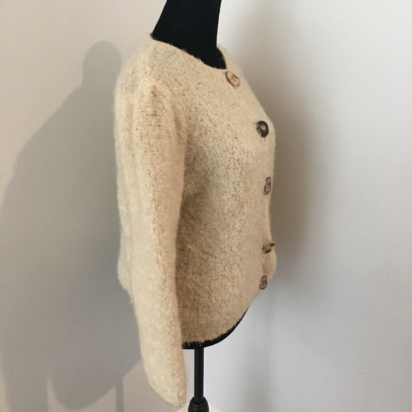 MOON GRAY Vintage Off White Boucle Knit Sweater Cardigan Wood Buttons Medium 4 - Picture 3 of 9